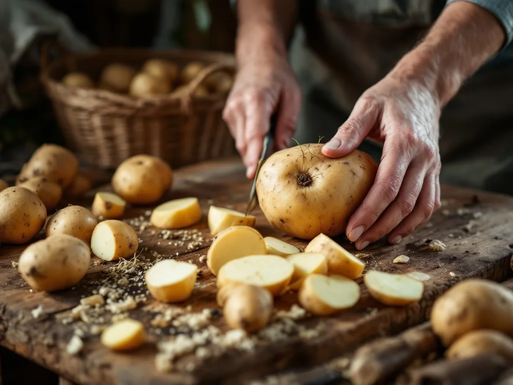 Cutting seed potatoes before planting (gardening)